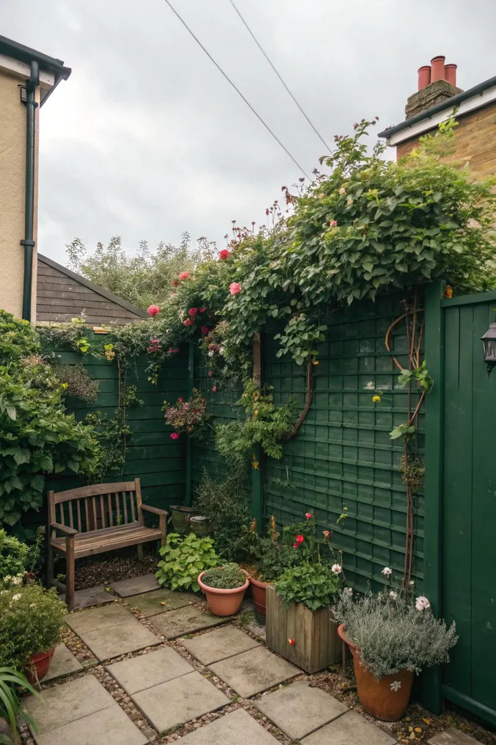 Horizontal slat privacy screen on a small backyard fence with climbing plants growing through