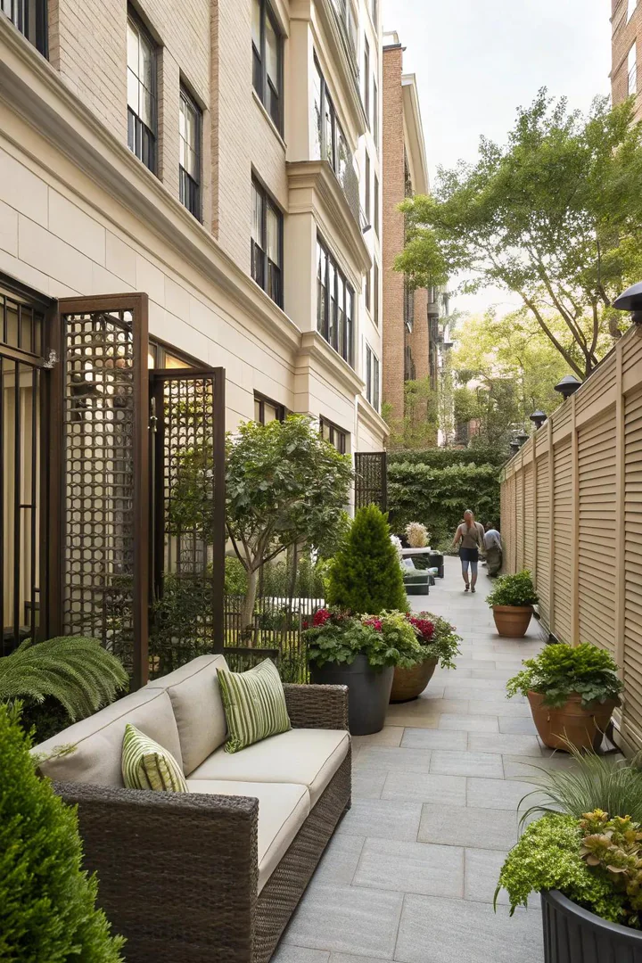 Decorative metal privacy screen with a geometric cutout pattern on a townhouse patio