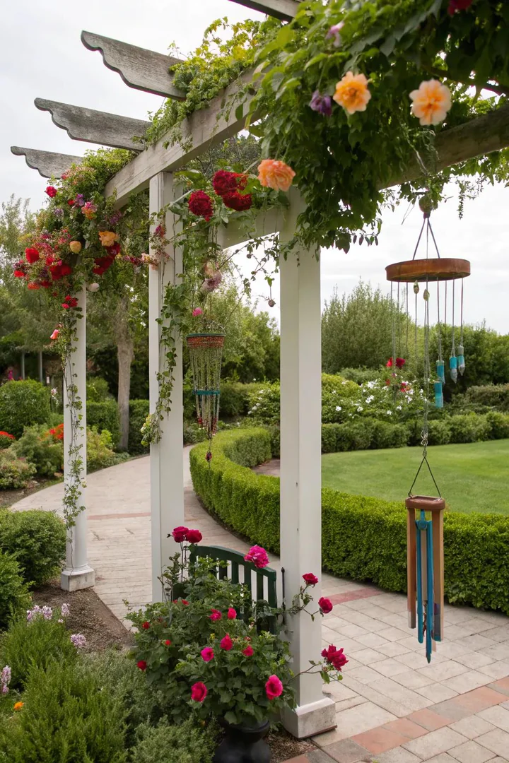 Garden art display trellis with hanging sculptures and ornaments.