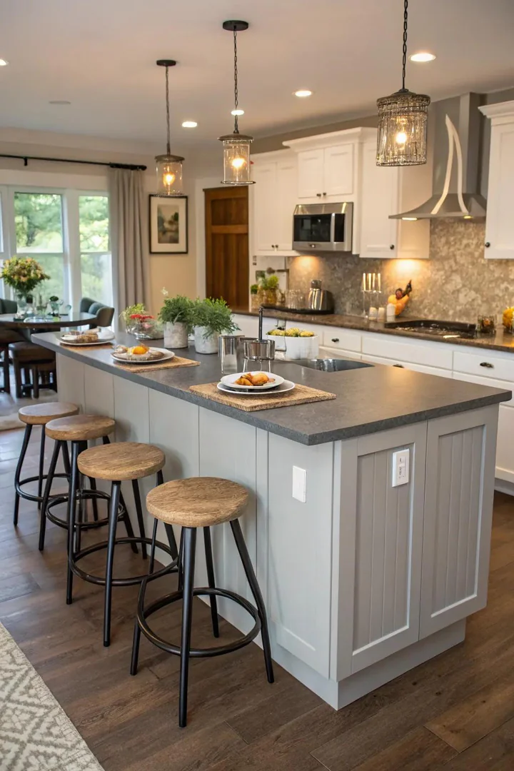 Kitchen island with waterfall gray countertop and bar seating.