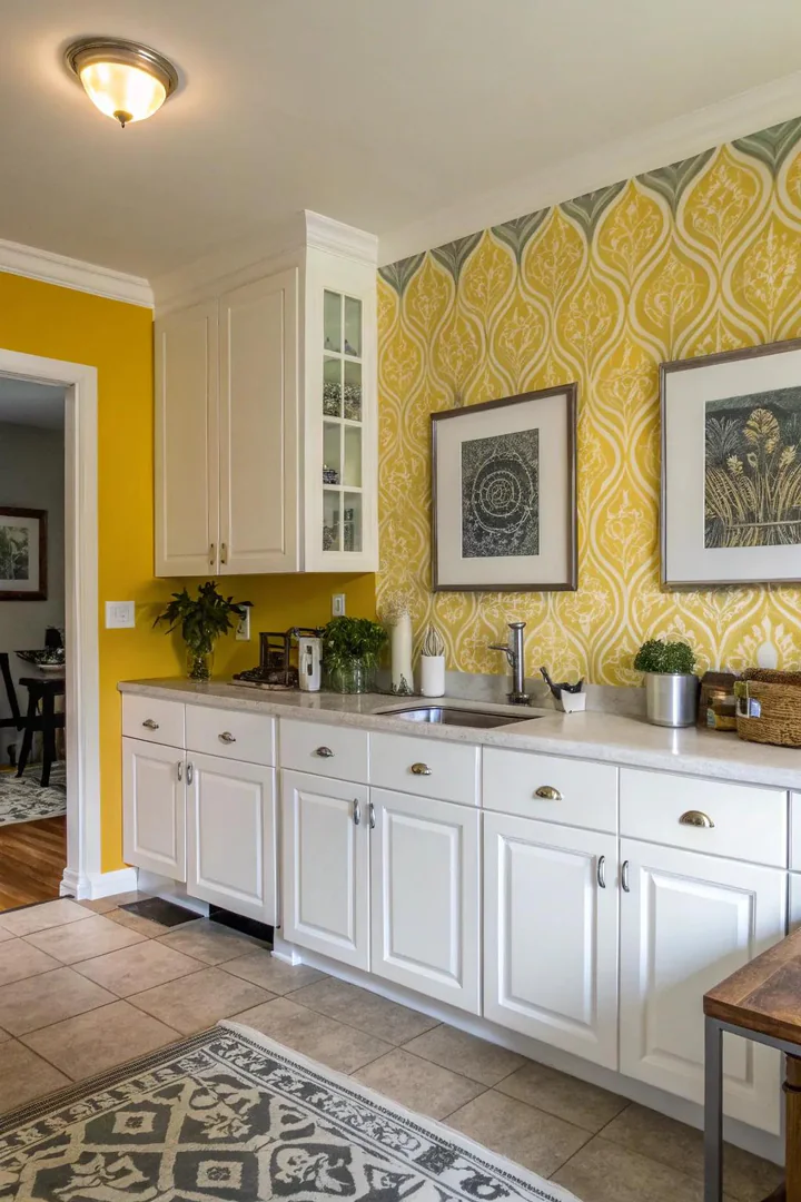 Yellow and grey framed art prints on white kitchen walls.