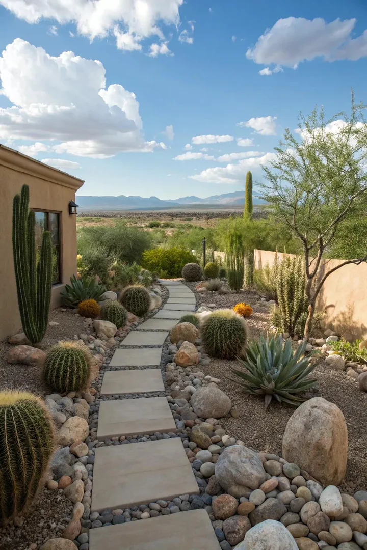 Symmetrical desert garden with matched agave pairs flanking a central gravel pathway