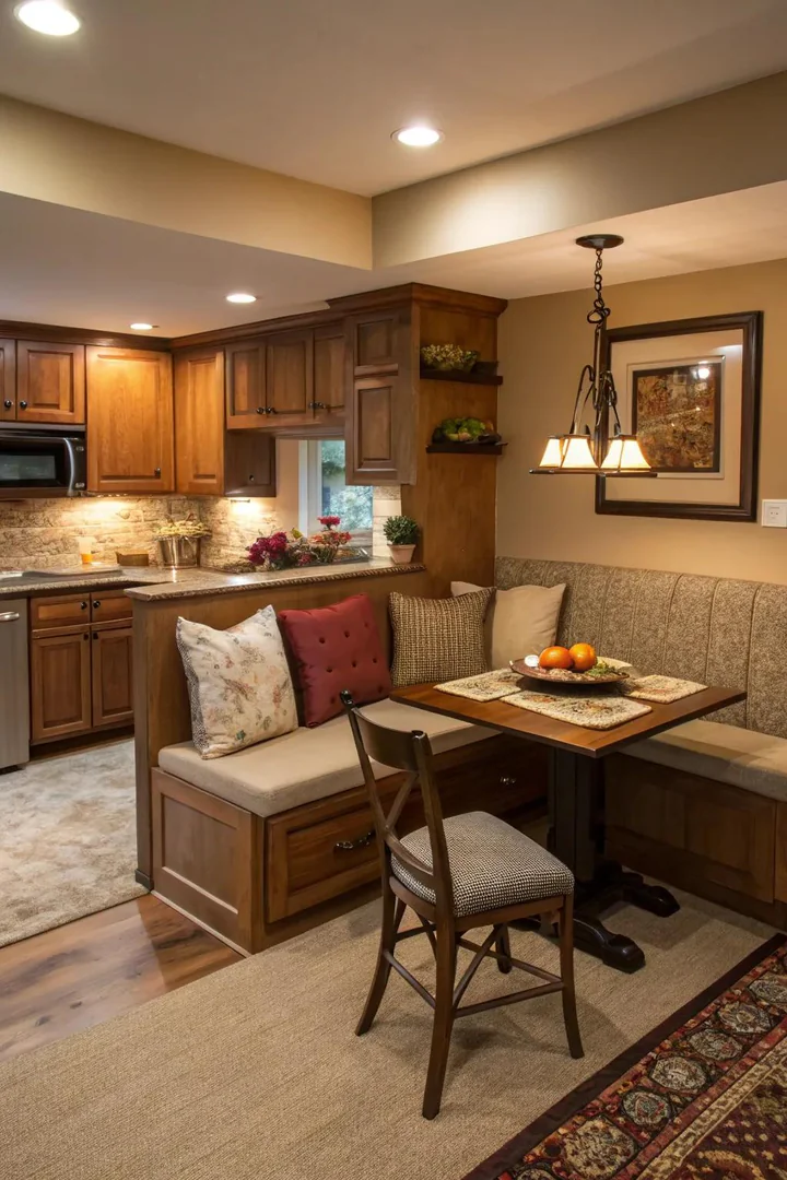 Banquette-style breakfast nook with bench seating in a basement kitchen corner