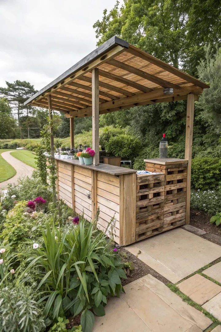 Pallet bar with a corrugated metal roof supported by wooden posts