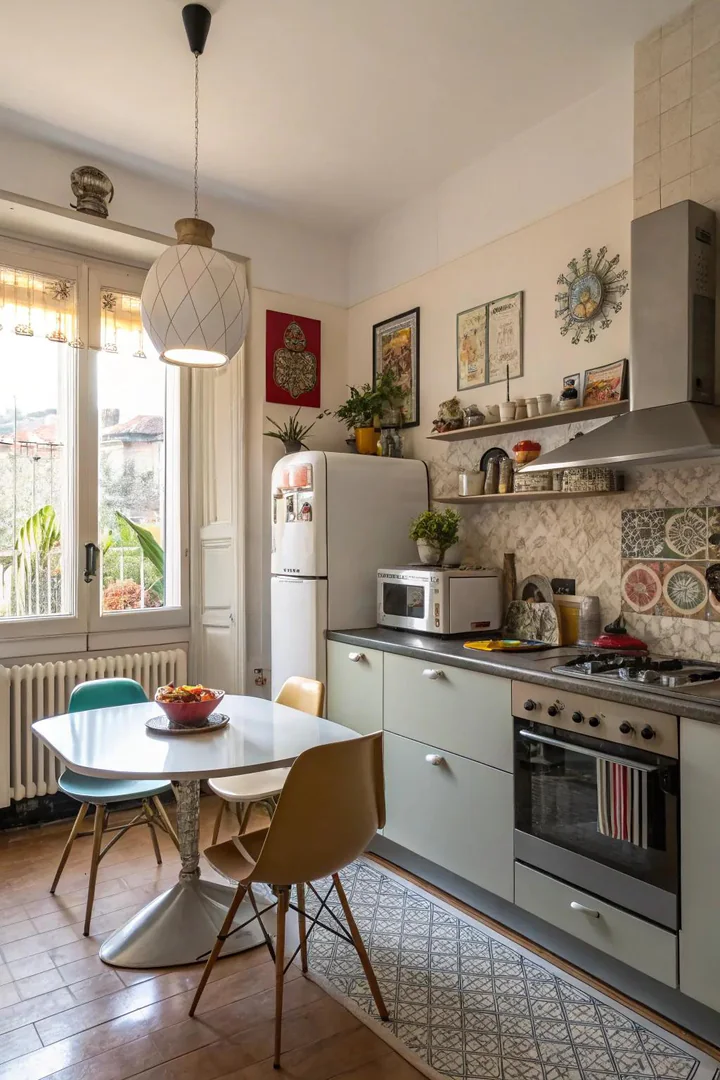 Eat-in kitchen table surrounded by mismatched chairs in different styles and colors