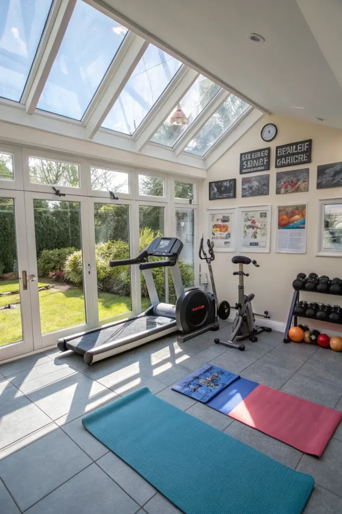 sunroom converted into a home gym with exercise equipment and rubber flooring