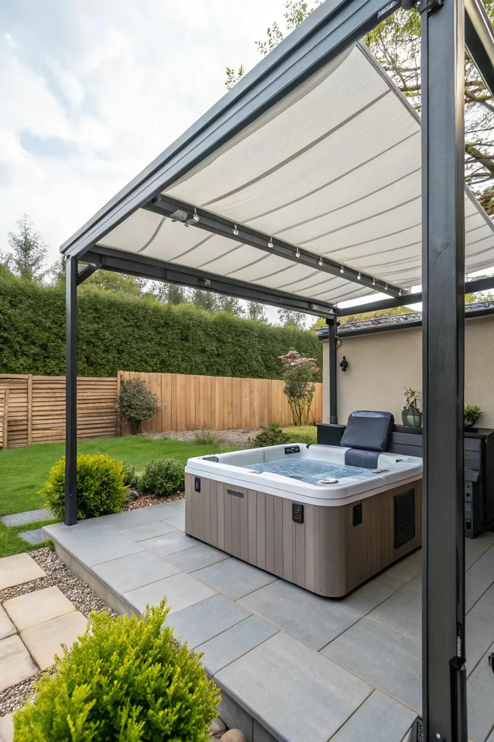 Shade sail stretched over a hot tub on a paver patio with stainless steel mounting poles