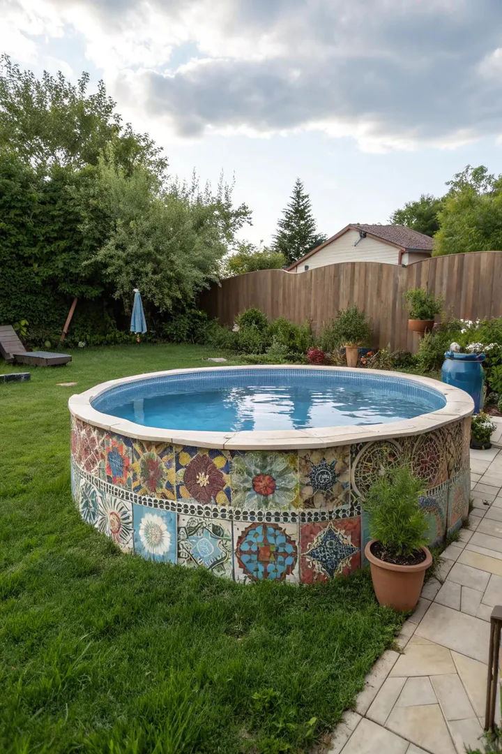 Above-ground pool with a patterned blue vinyl liner showing a tile-border design
