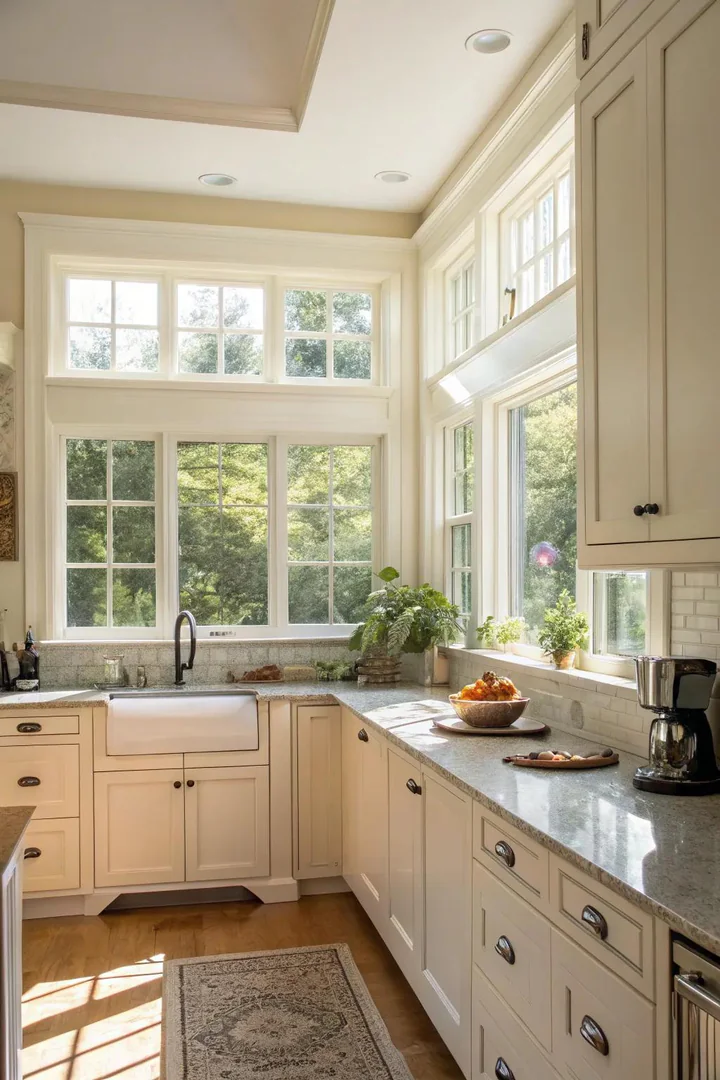Transom window added above a kitchen window over the sink.