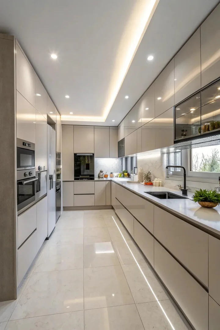 Handleless flat-panel cabinets in a windowless kitchen.