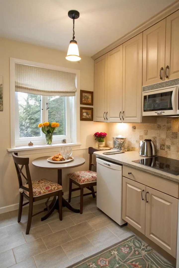 Cozy breakfast nook built into a small kitchen.