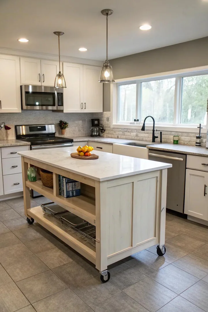 Rolling kitchen cart adding workspace and storage versatility