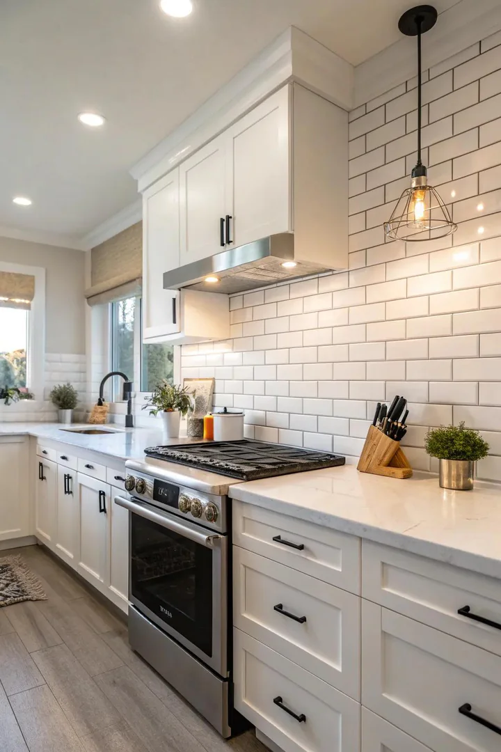 Minimalist white tile kitchen backsplash.