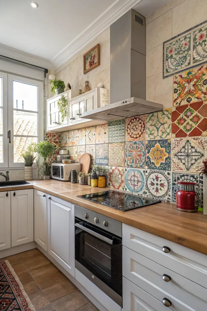 Kitchen backsplash combining multiple tile shapes, colors, and materials in an eclectic arrangement