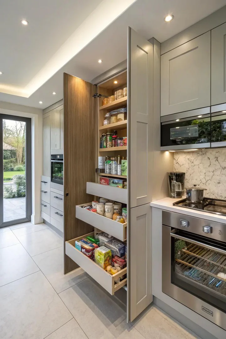 Kitchen with pull-out pantry drawers and cabinet organizers