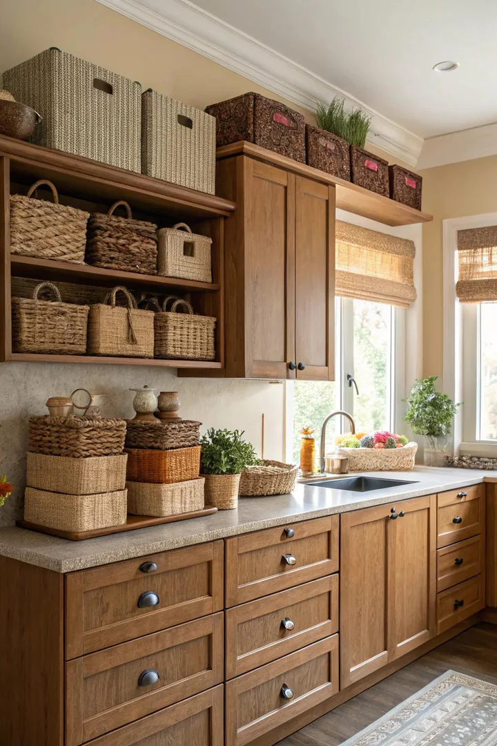 Storage baskets and bins above kitchen cabinets.