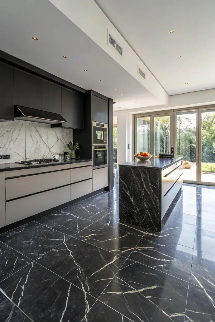 Iris Black polished marble kitchen floor.