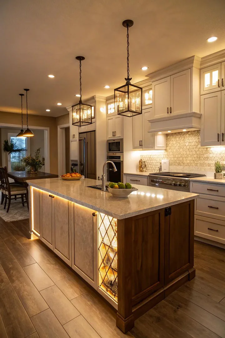 Island with LED strip lights under the countertop overhang and pendant lights above