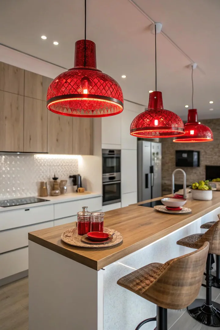 Red lighting fixtures in a kitchen.