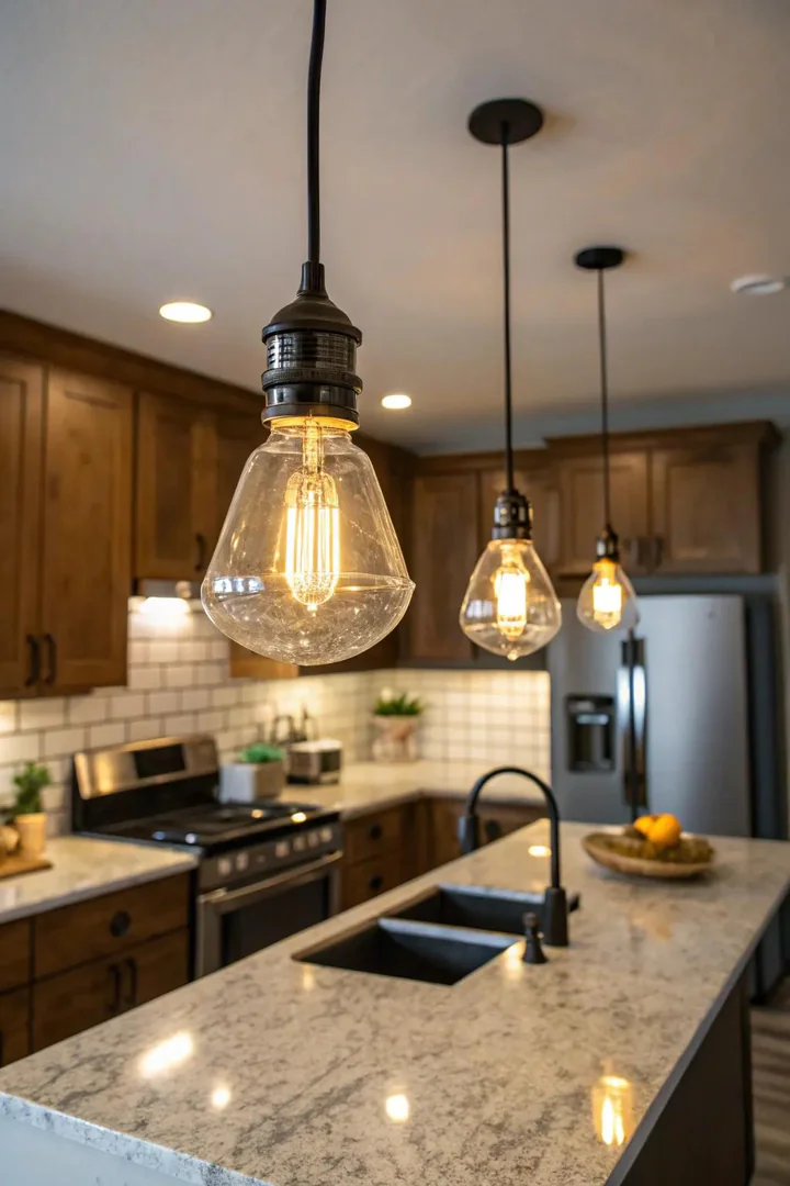 Plug-in pendant light with a cord draped from a ceiling hook