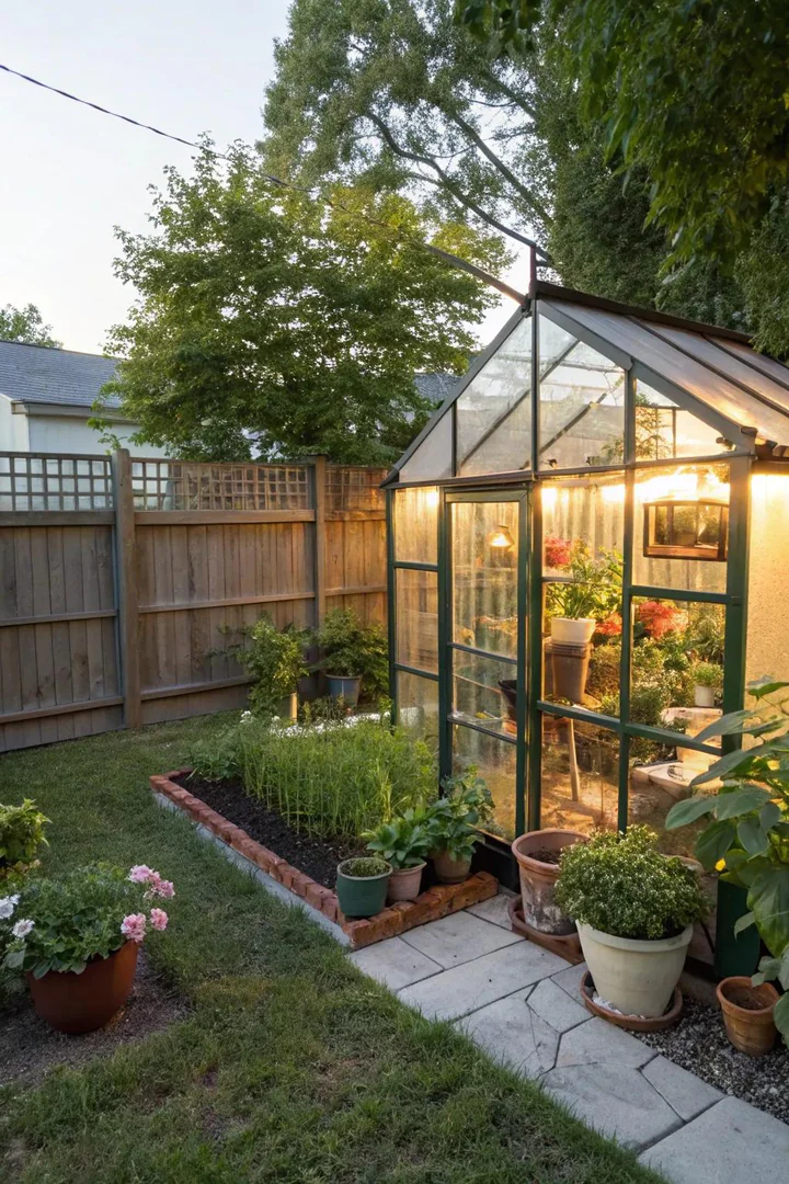 Compact lean-to greenhouse against a fence wall in a small backyard with seed trays inside