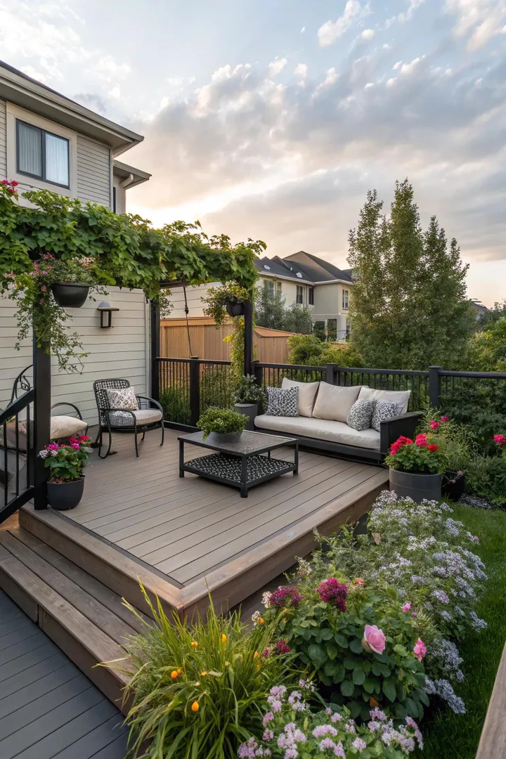 Ground-level floating deck made from composite boards covering a concrete patio surface
