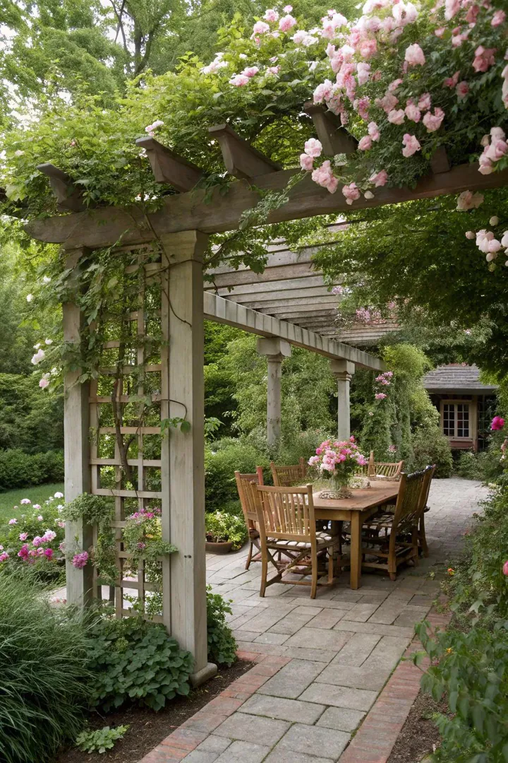Combined pergola and trellis structure in a garden.