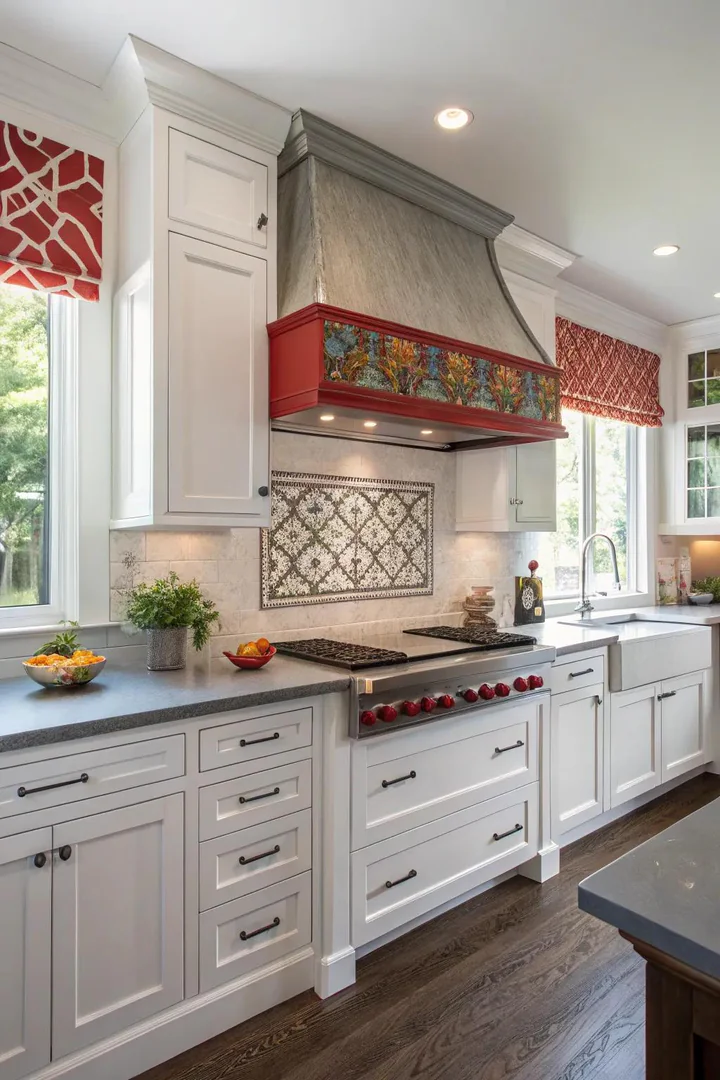 Statement white range hood above gray countertops in a white kitchen.