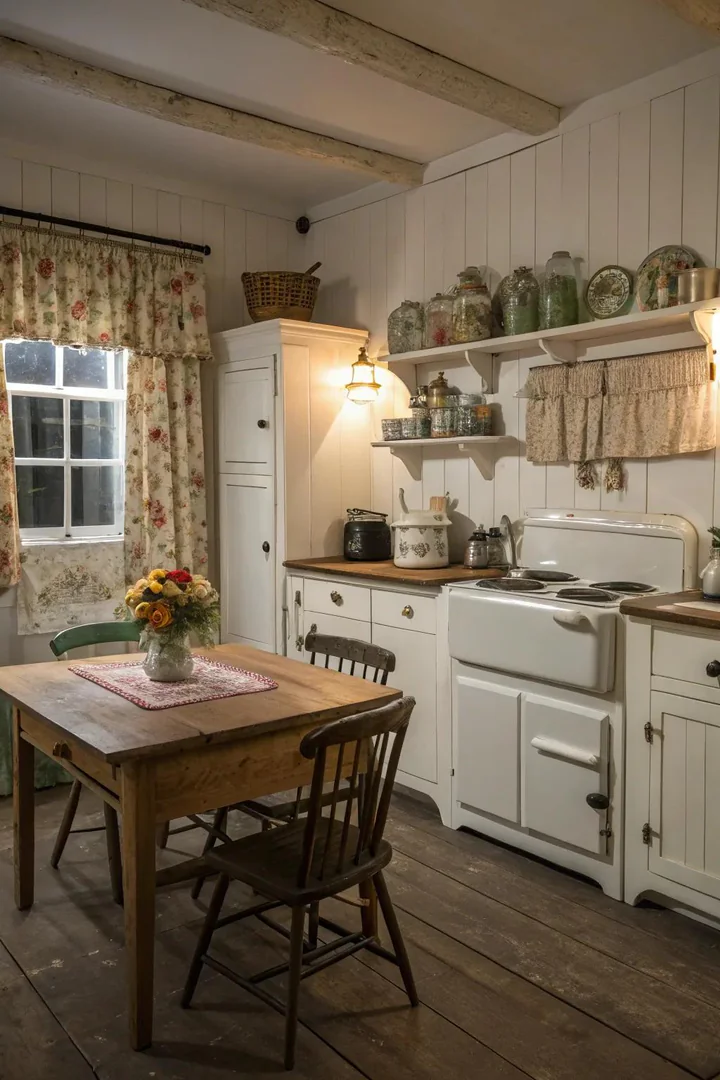 Antique whitewash wood kitchen cabinets.