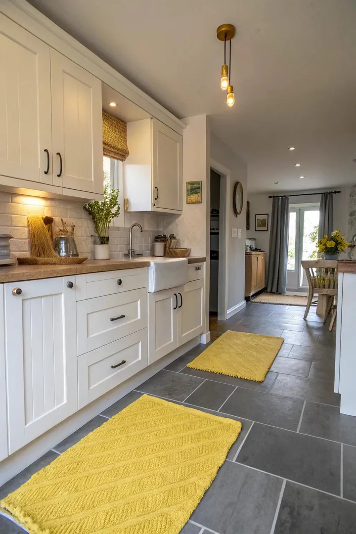 Grey porcelain floor tiles with a yellow wool runner.