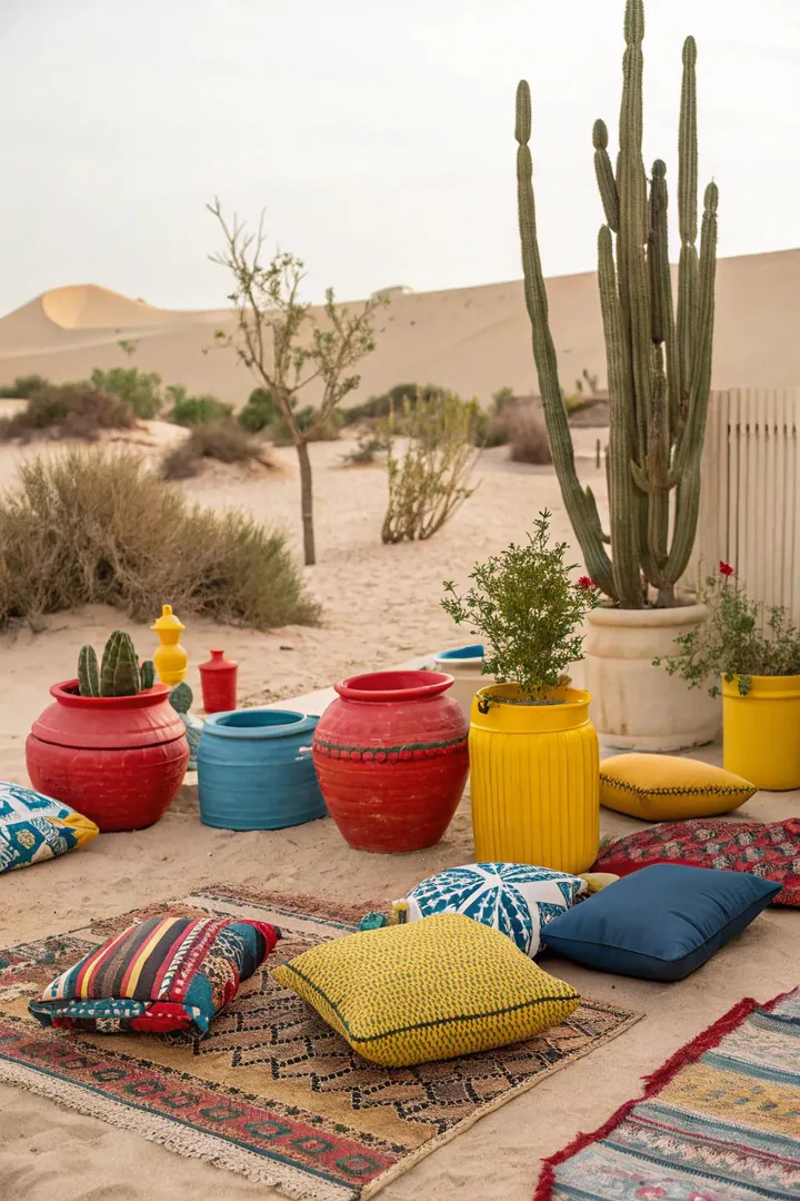 Brightly painted planter pots and colorful outdoor cushions against a neutral desert backdrop