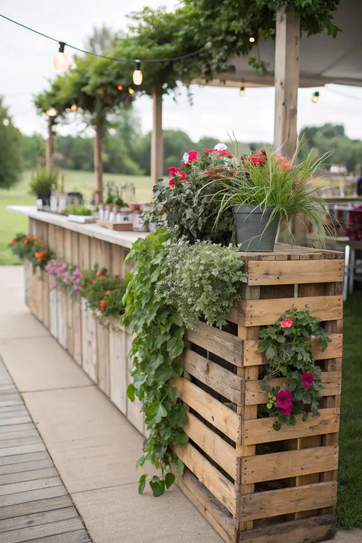 Pallet bar with built-in planter boxes growing herbs and trailing flowers