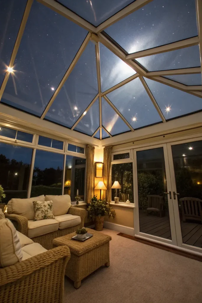 glass-ceiling sunroom at night showing a view of the starry sky through the roof panels