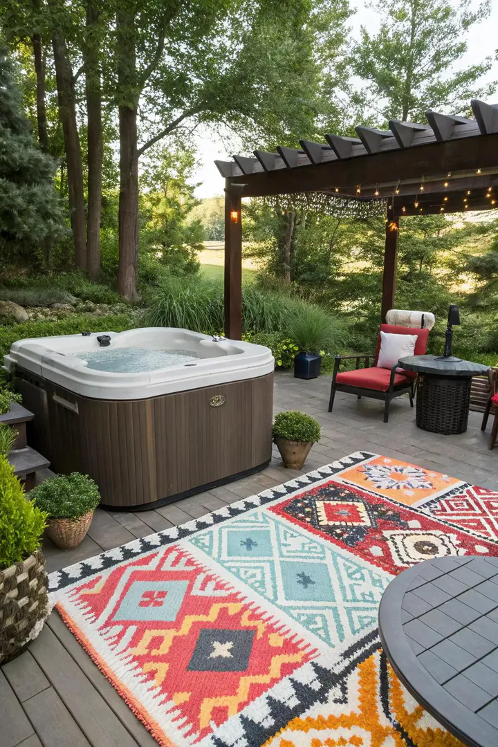 Outdoor area rug placed beside a hot tub on a composite deck defining the lounge area