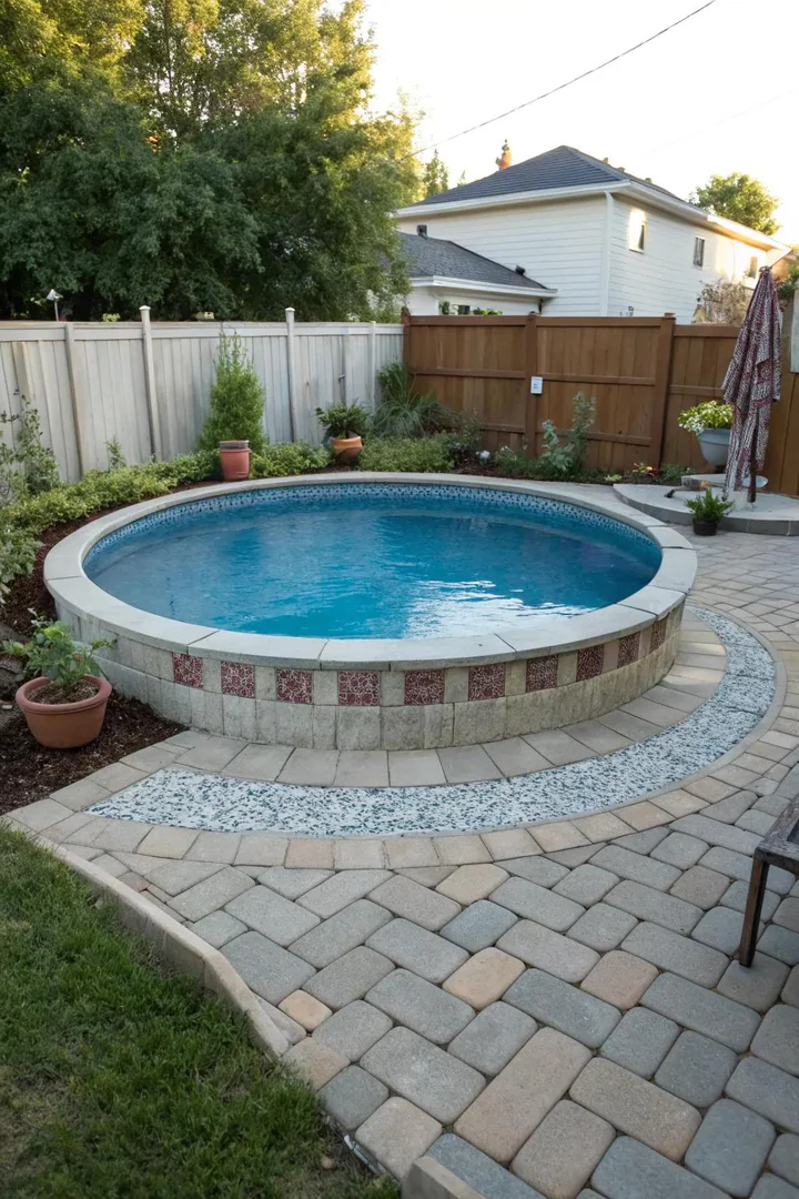 Interlocking concrete pavers forming a clean surround walkway around an above-ground pool