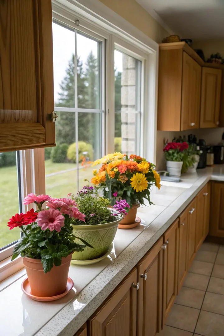 Potted flowers decorating a kitchen windowsill over the sink.
