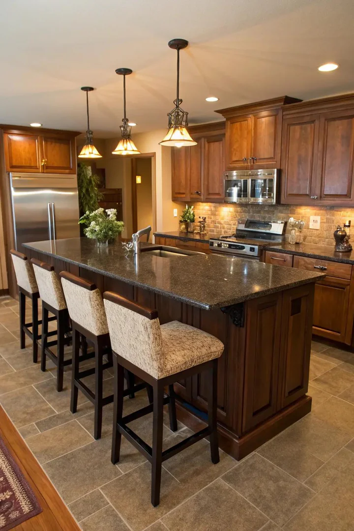 Kitchen island with pendant lighting in a windowless kitchen.