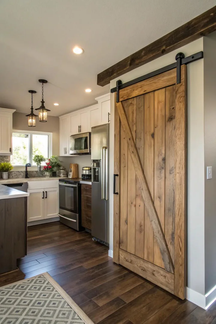 Sliding barn door on a small kitchen entry.