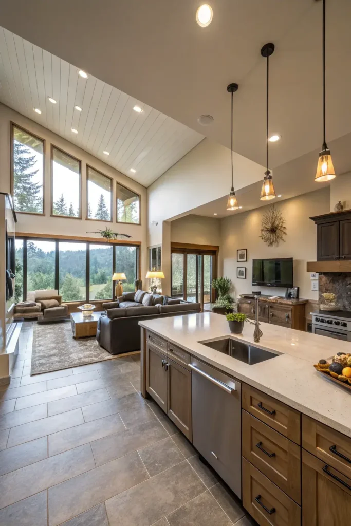 Kitchen flowing into a dining area with matching color palette