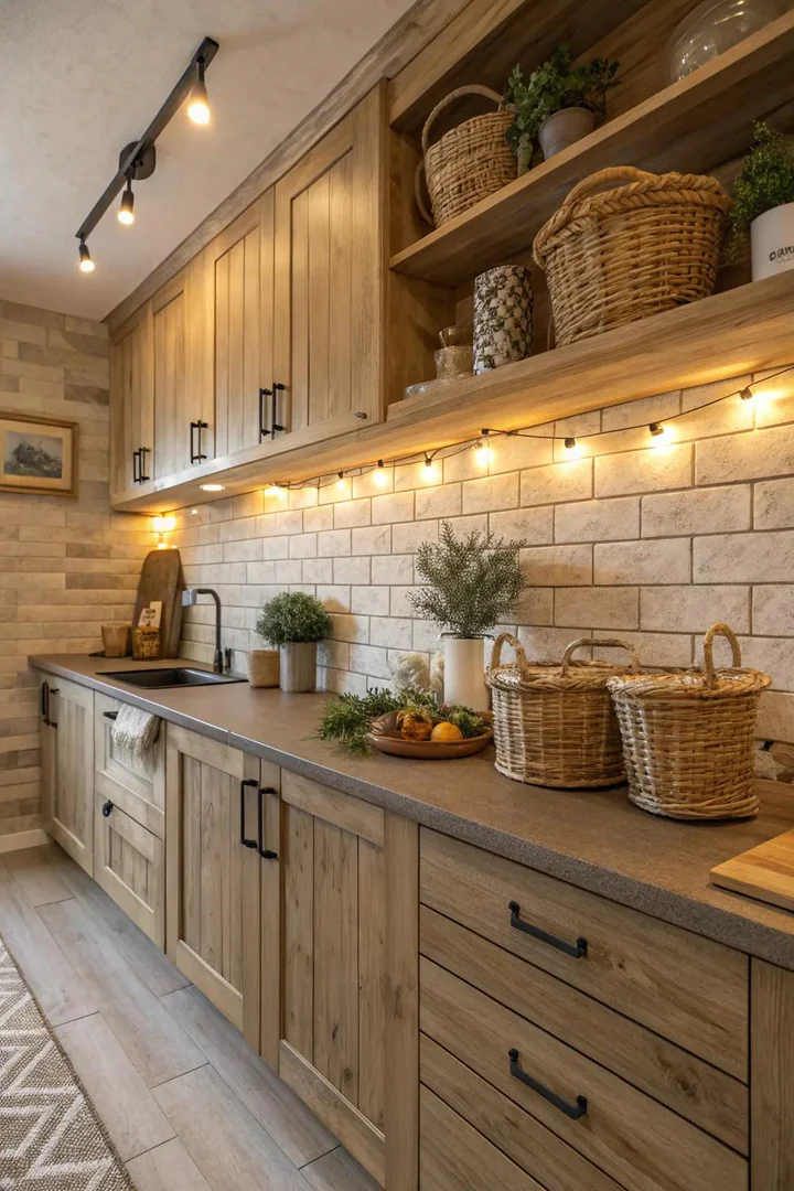 Wood-look porcelain tile kitchen backsplash.