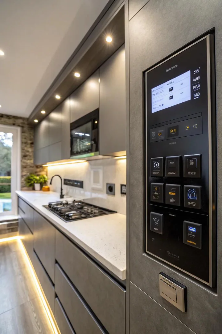 A bulkhead with smart technology, featuring integrated lighting controls in the kitchen.
