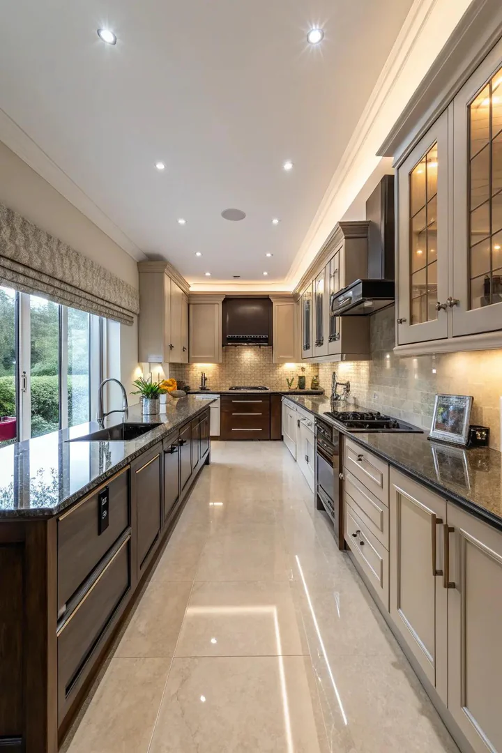 Symmetrical kitchen with matching pendant lights and balanced cabinetry