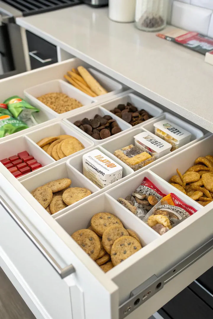 Dedicated snack drawer organized with bins for kids.
