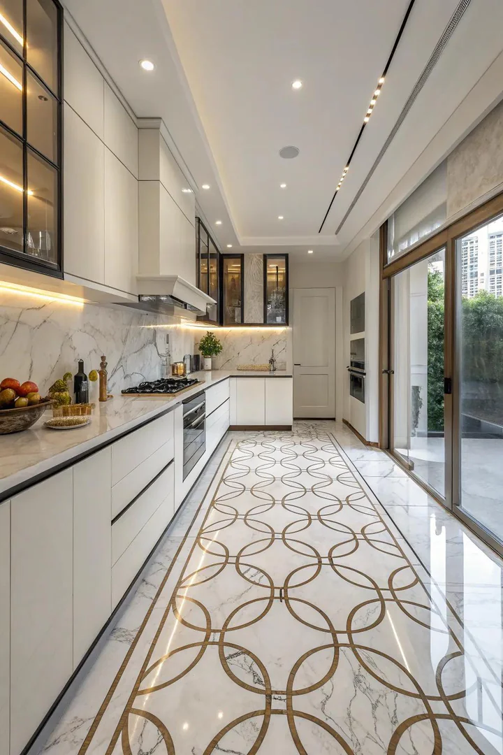 Waterjet marble inlay pattern on a kitchen floor.