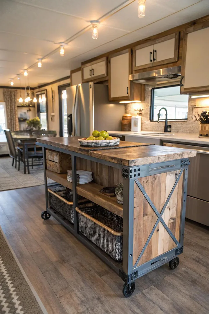 Kitchen island made from reclaimed wood top on a black iron pipe frame