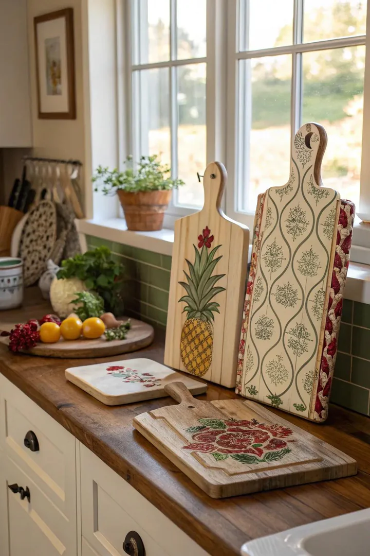 Wooden cutting boards of different sizes leaning against a kitchen backsplash