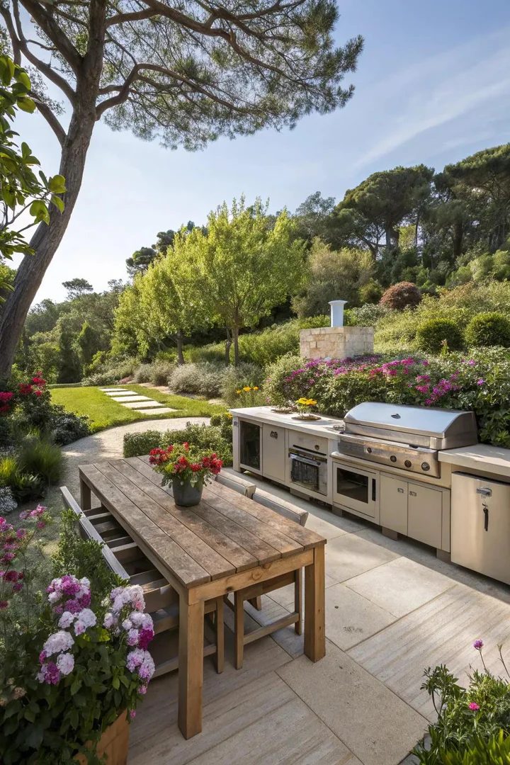 Outdoor kitchen adjacent to a garden.