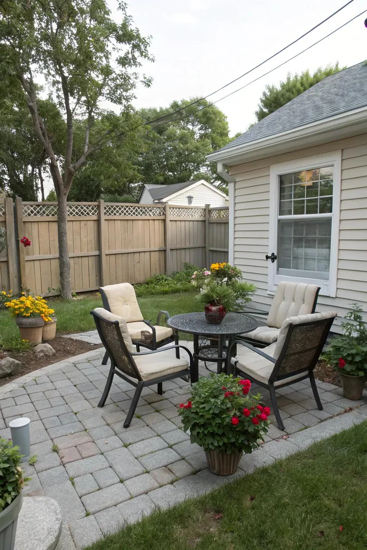 Symmetrically arranged planters and matching chairs on either side of a small backyard pathway