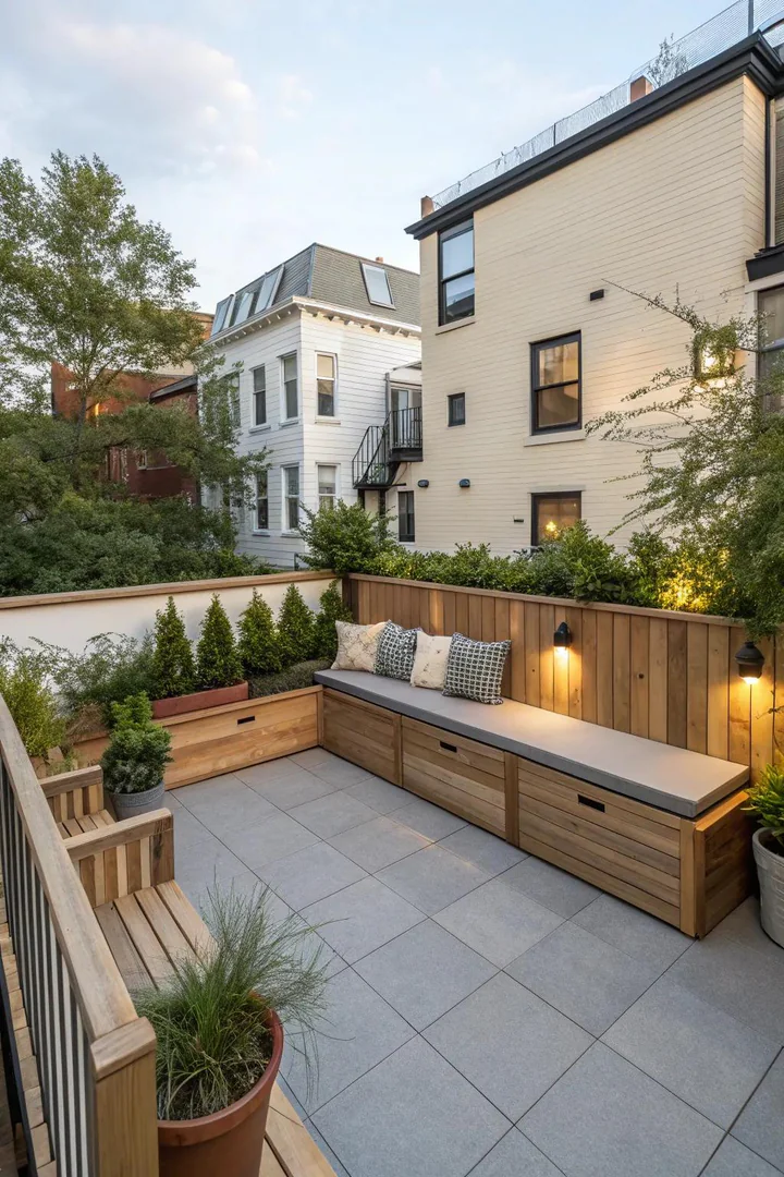 L-shaped built-in bench with storage underneath along two walls of a small townhouse patio