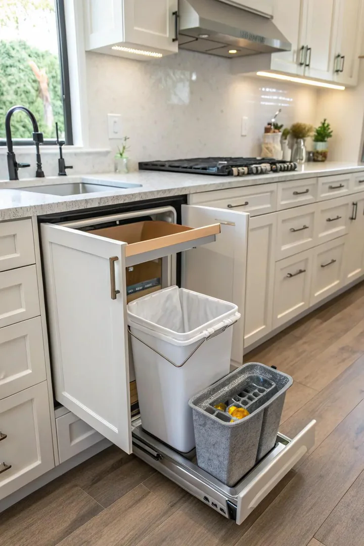 Accessible trash and recycling solutions in a wheelchair kitchen.